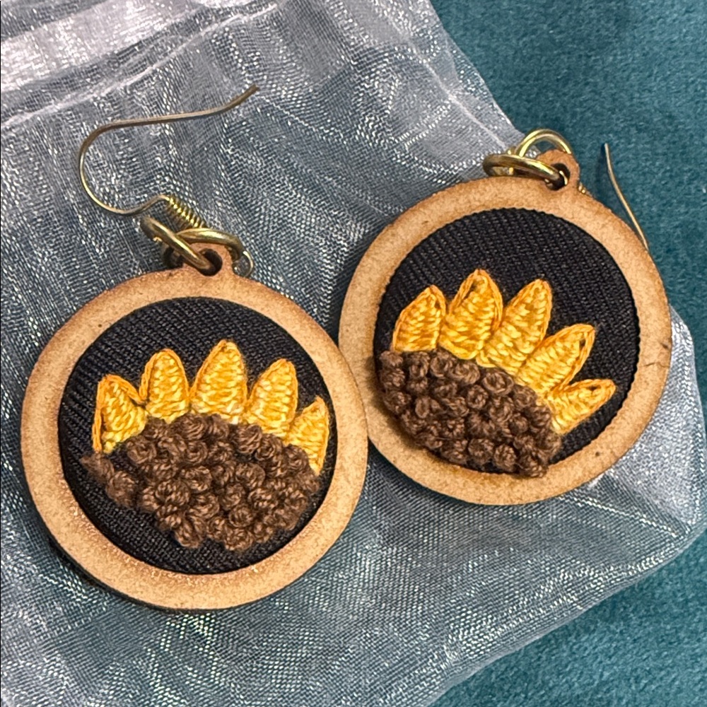 Handmade Sunflower Embroidered Wood Drop Earrings - Yellow & Brown